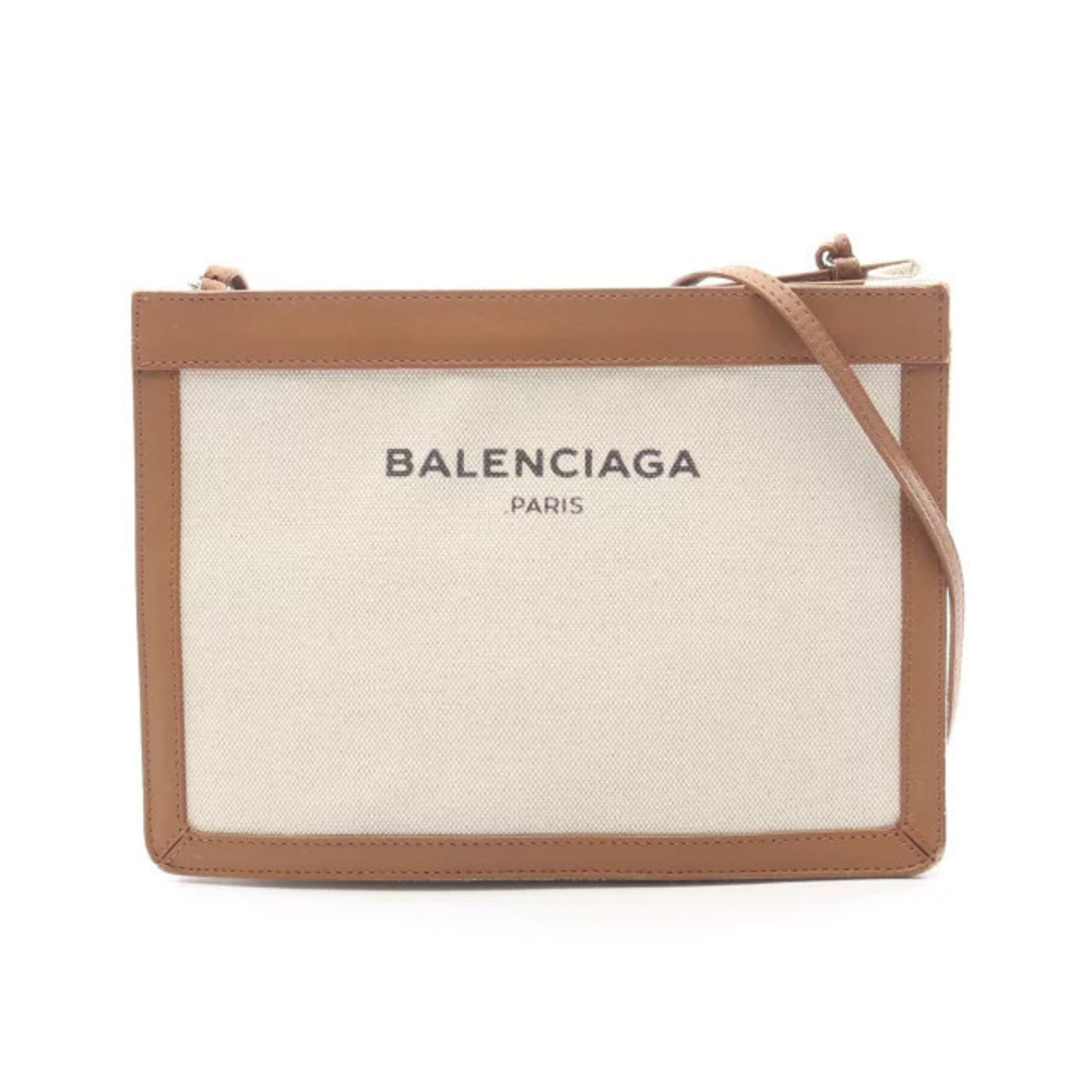 Balenciaga Navy Blue Pochette Shoulder Bag Canvas Leather Ivory White Brown